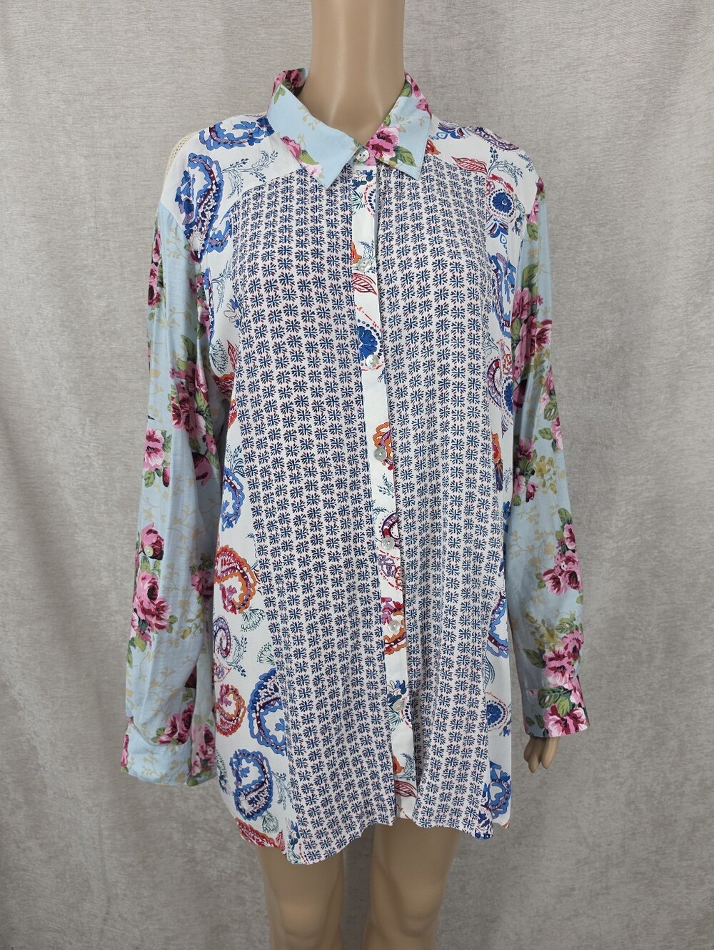 John Mark Floral Embroidered Sheer Panel Long Sleeve Top Mixed Pattern Patchwork - Picture 2 of 12